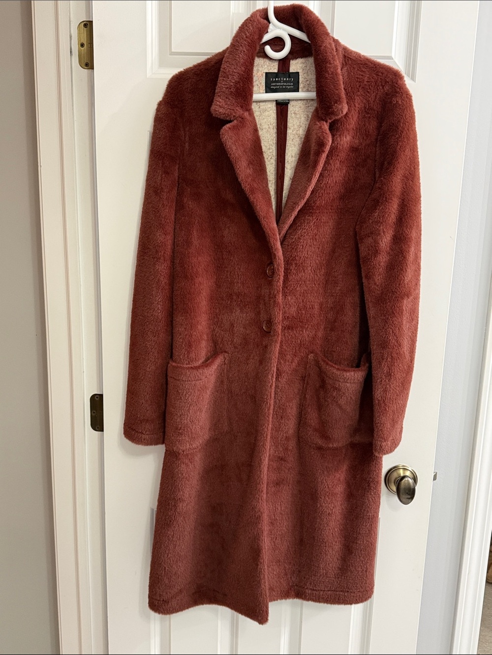 Sanctuary by Anthropologie Long Plush Teddy Coat in Rust